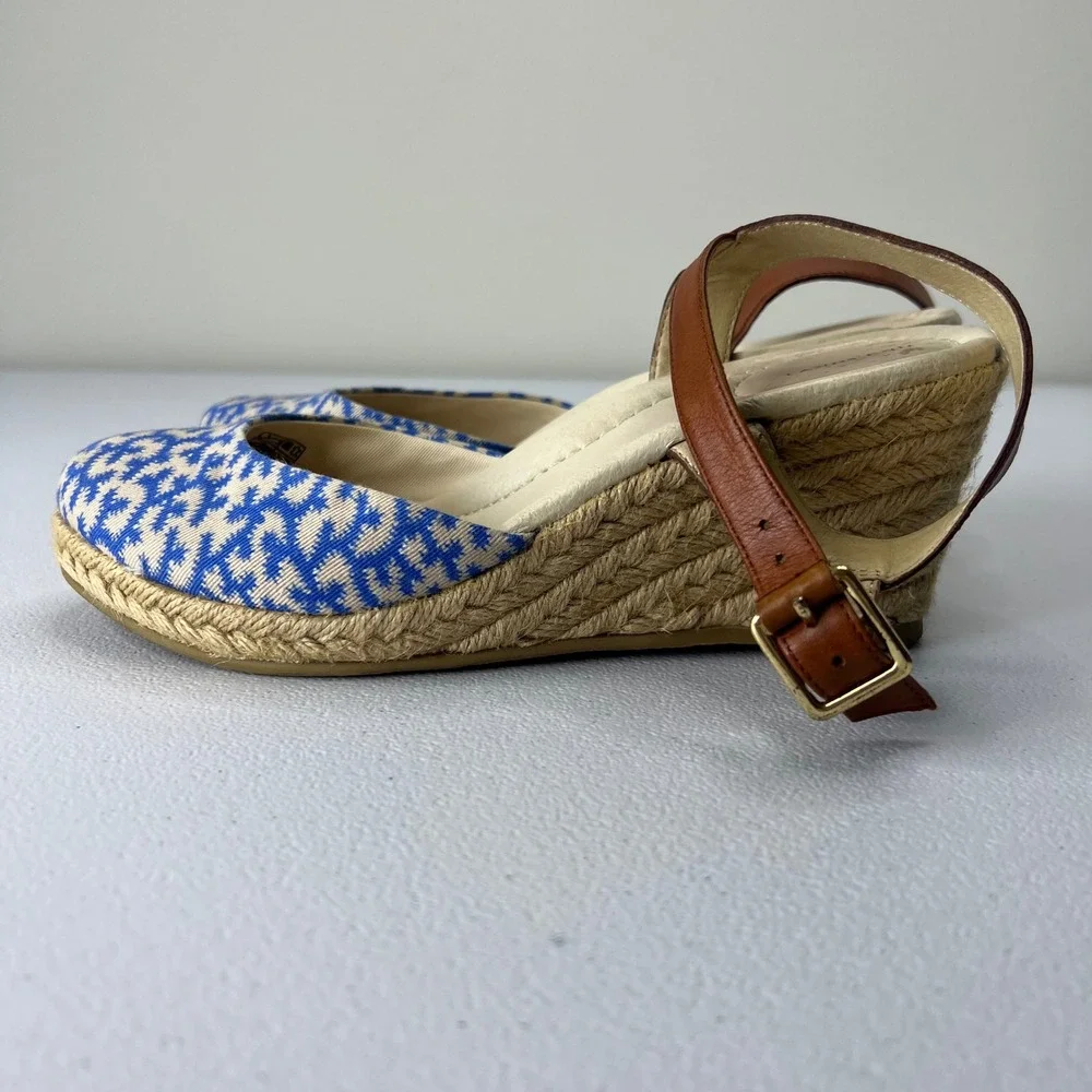Lands' End Cara Espadrille Wedge Slingback Sandals Ankle Strap Blue Cream Size 7